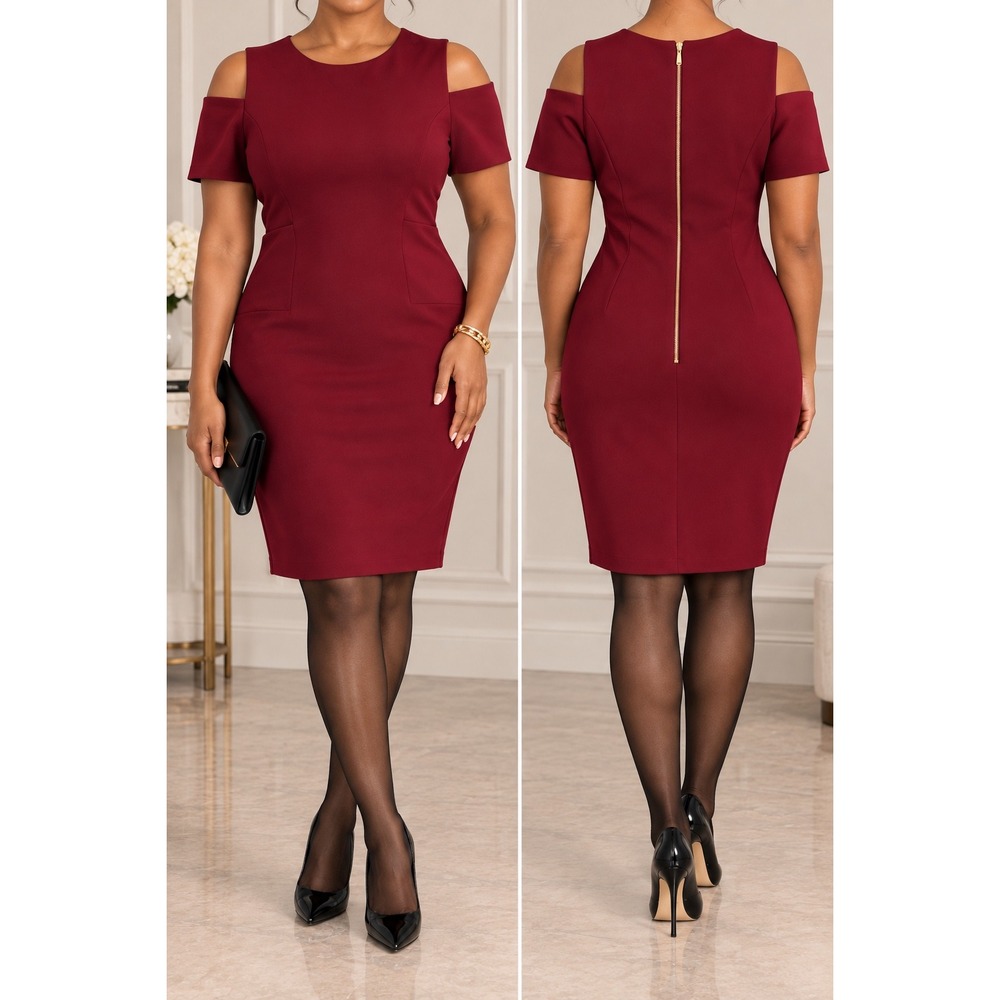 M 119 Calvin Klein NWT Burgundy Cold Shoulder Sheath Dress Gold Zip Cocktail